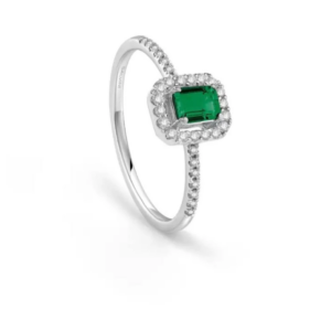 Anello in oro bianco con diamanti e smeraldo